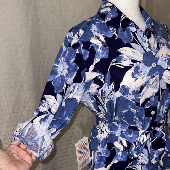 LuLaRoe S ELLIE Blue White Floral Long Sleeve A Line Midi Shirt Dress - Picture 9 of 16